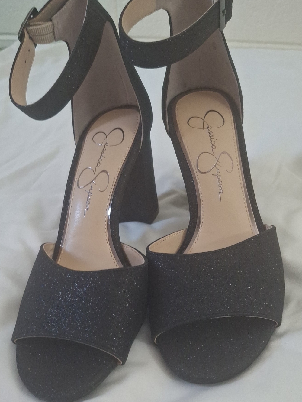 Jessica Simpson Black Glitter Block Heel Ankle Strap Sandals